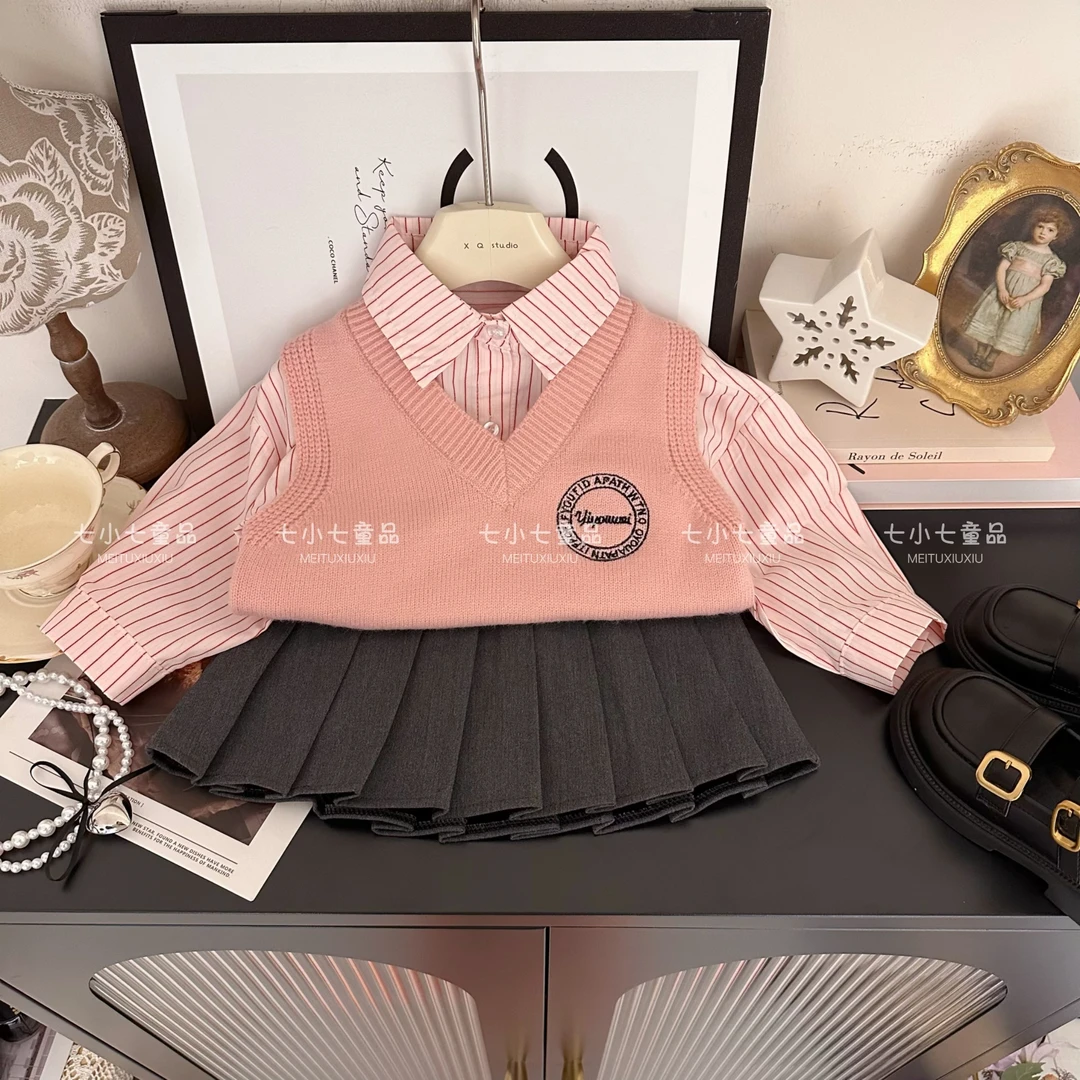 女童2025春季新款韩版粉色条纹衬衫刺绣马甲百褶裙套装C21883