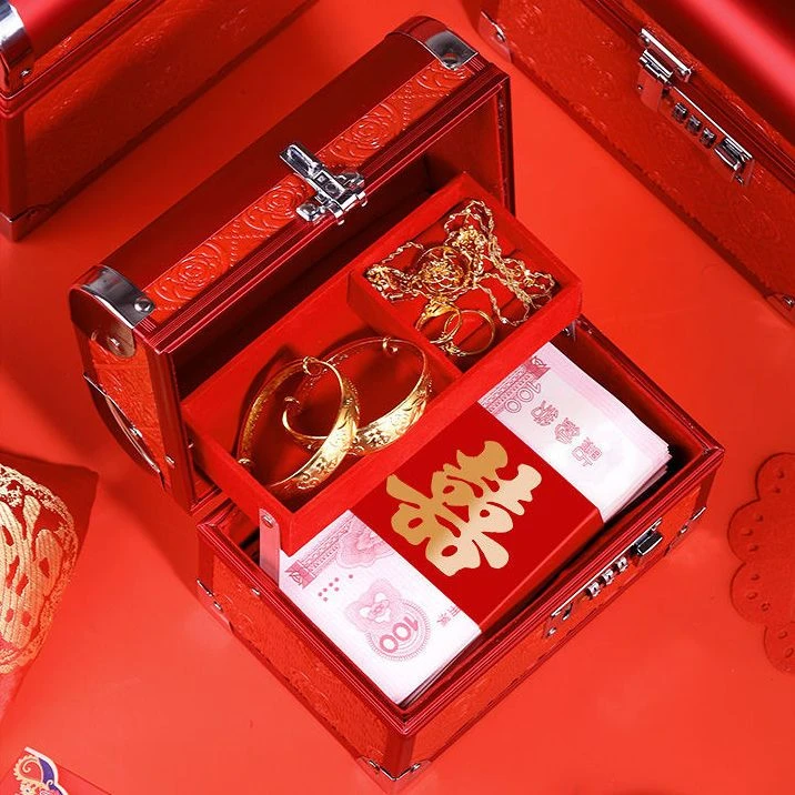 高档喜庆双层带锁收藏彩礼箱子结婚陪嫁订金银首饰盒礼品箱