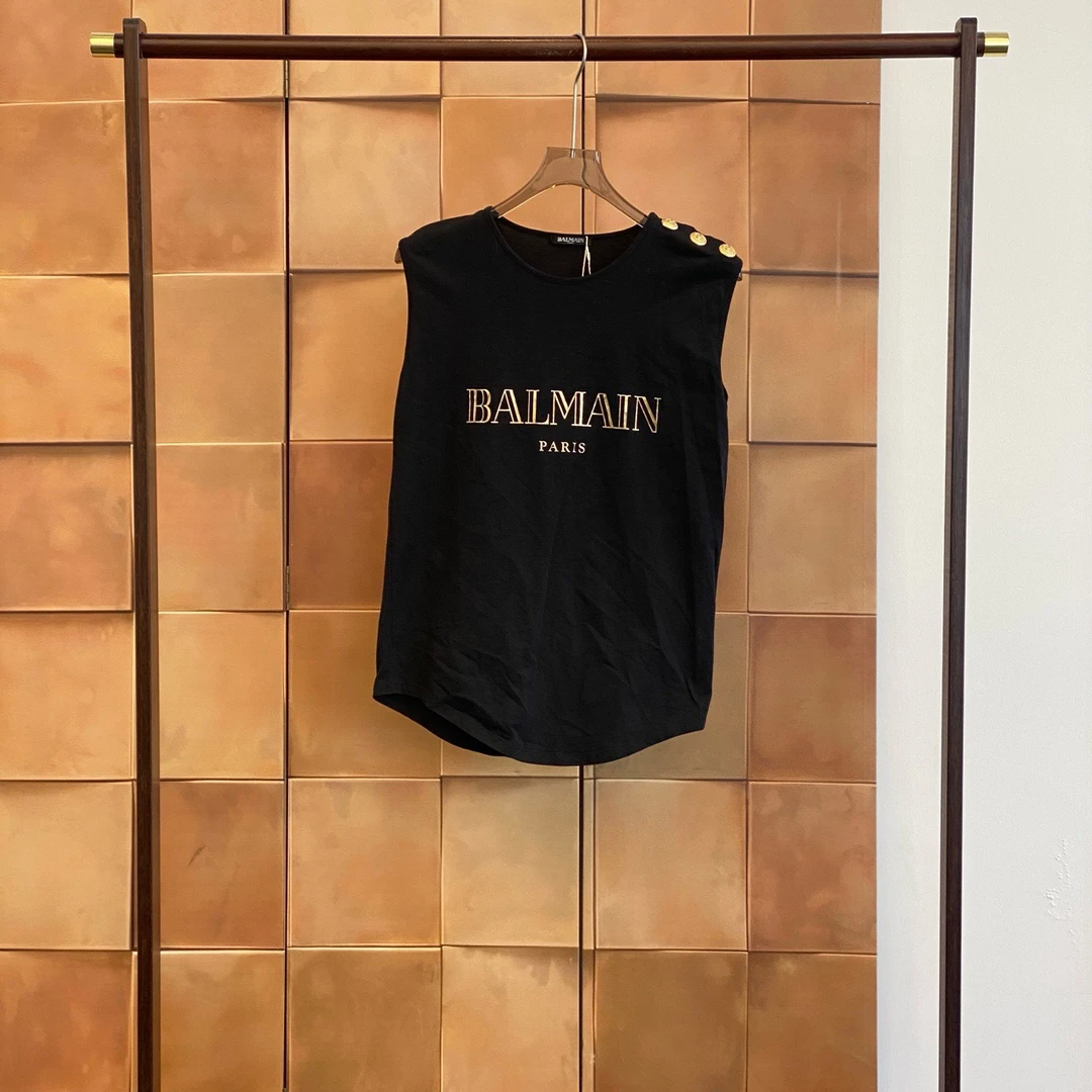99新 BALMAIN/巴尔曼 黑色做旧字母logo金扣背心/38码/99新/27893