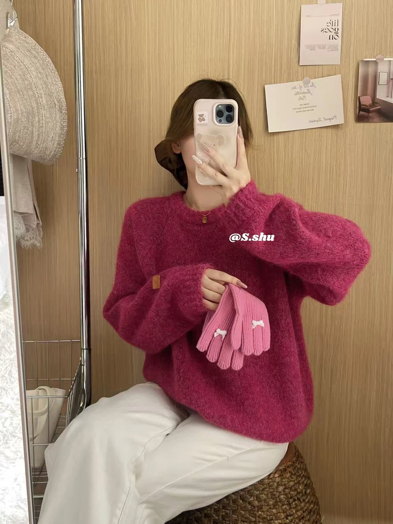 慵懒风玫红色针织套头款宽松型毛针织衫百搭宽松毛衣秋冬