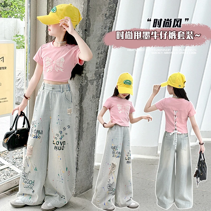 女童夏装套装2025新款中大童洋气短袖t恤休闲破洞彩绘牛仔阔腿裤