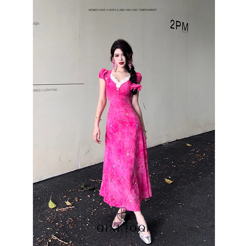 七小七Sicily【夏日旋律】法式气质粉色蕾丝拼接长款连衣裙收腰显瘦