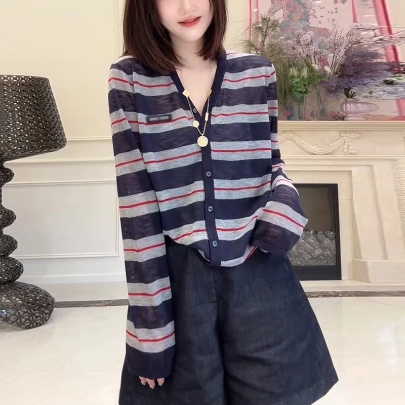 撞色条纹V领长袖针织开衫女2025年早秋新款薄款防晒外搭显瘦上衣