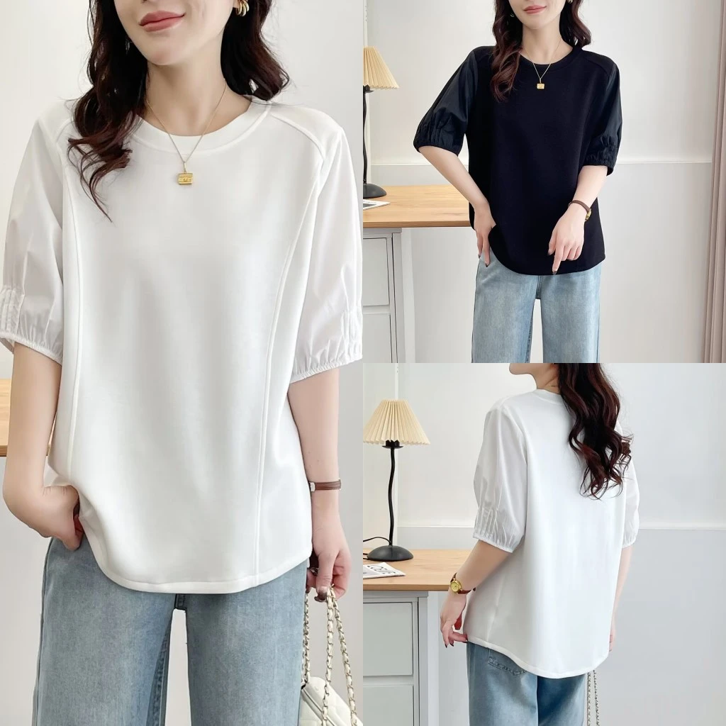 大码胖mm百搭休闲简约圆领灯笼袖T恤女夏季新款宽松显瘦减龄上衣