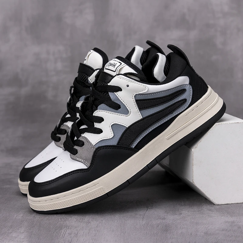 新款男士潮流黑白色系带板鞋休闲男鞋运动百搭透气舒适休闲鞋