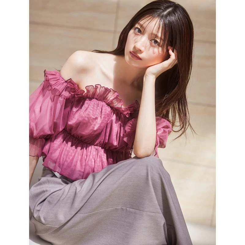 【MonTendre】杂志款 S 甜美仙女一字领泡泡袖薄纱气质露肩衬衫上衣