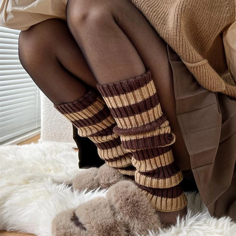 棕色条纹腿套女款冬季推推袜秋冬雪地靴袜套堆堆袜美拉德拖鞋袜子