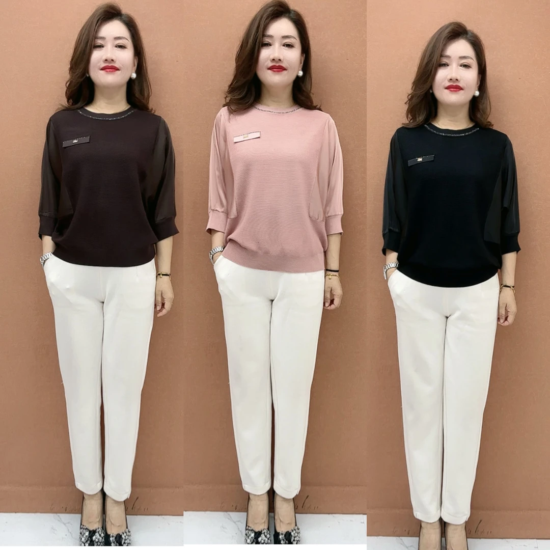 SZ 时尚气质高雅醋酸袖子拼接宽松百搭针织衫