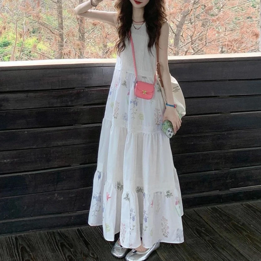 法式甜美少女无袖背心碎花背心连衣裙女夏季纯白蕾丝拼接中长裙女