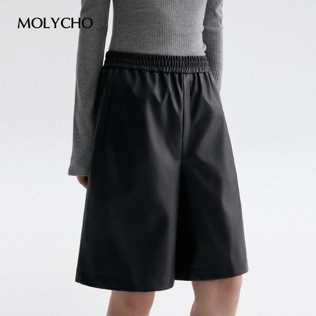 MOLYCHO  |   时髦时尚_飒气立体五分环保皮裤/百搭显瘦宽松中裤