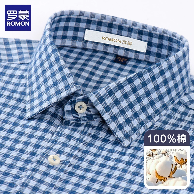 罗蒙男士商务长袖衬衫磨毛格子100%纯棉中老年户外休闲衬衣爸爸装