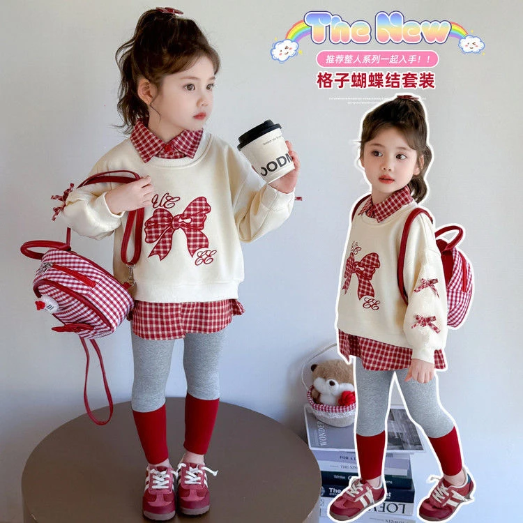 宝宝2025秋季新款女童蝴蝶结韩版时尚洋气休闲运动女童棒球服格子
