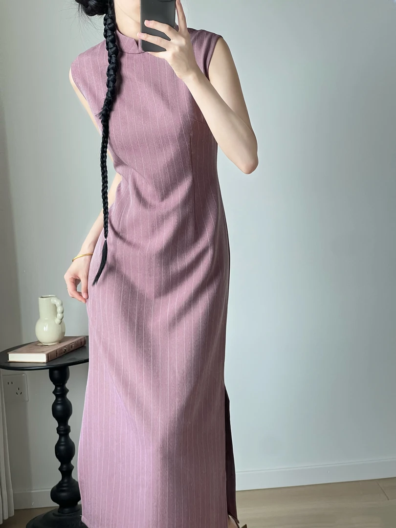 山茶私语 新中式港工旗袍国风条纹春夏改良旗袍无袖显瘦日常旗袍