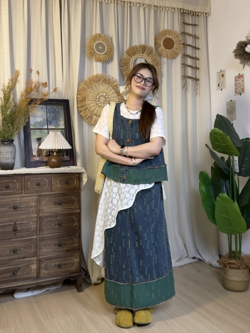 夏季韩版小众森系复古牛仔半身裙套装显瘦宽松休闲百搭慵懒风