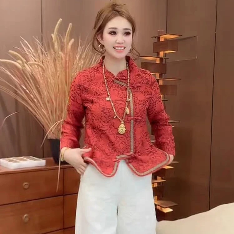 新中式国风衬衫女2026春秋季新款不规则盘扣立领减龄本命年上衣潮