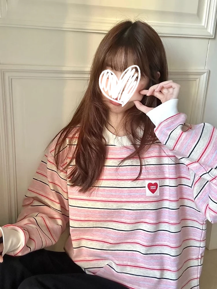 韩系甜美粉色条纹爱心长袖卫衣秋季宽松慵懒风学生休闲上衣