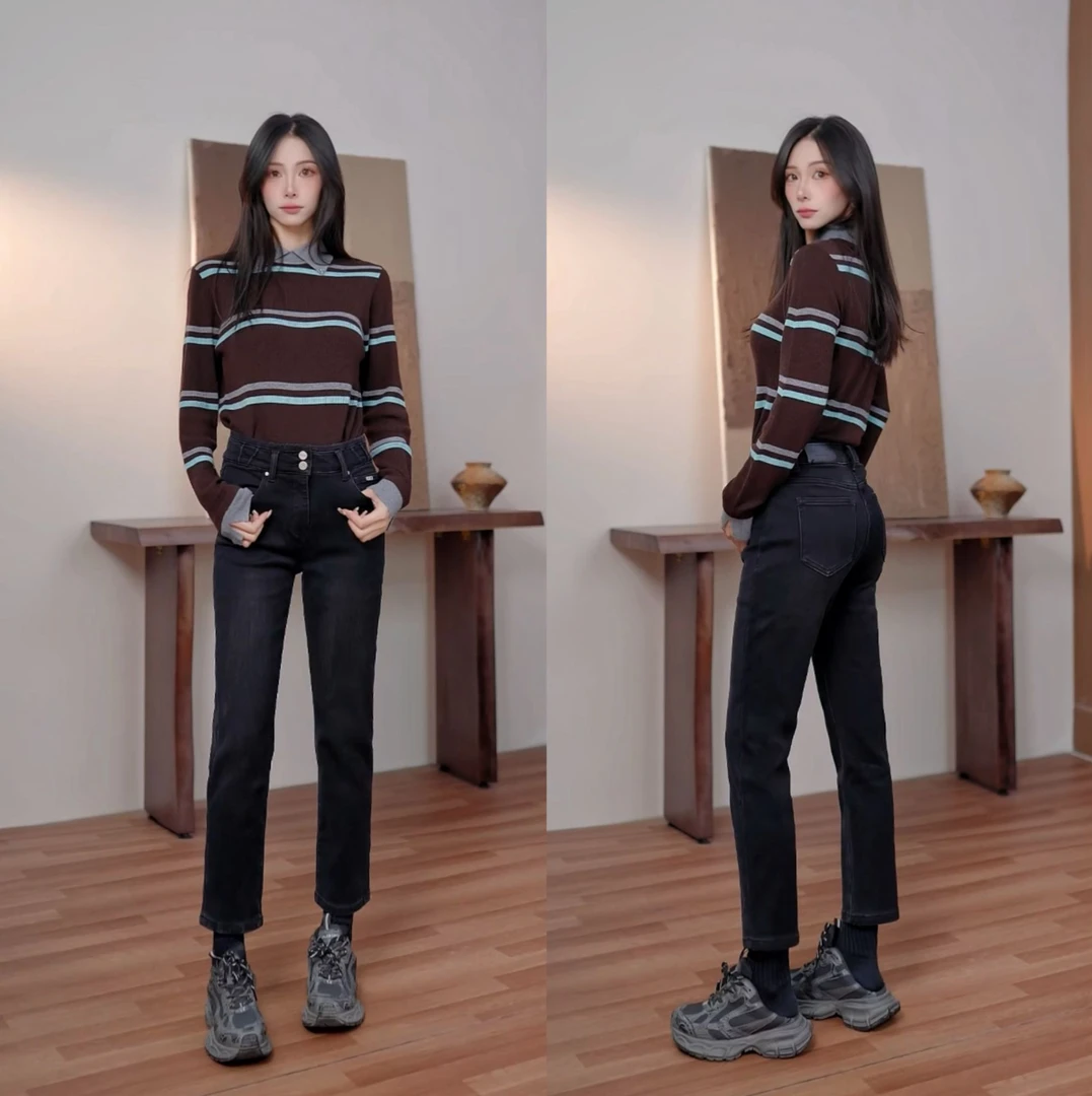 韩比【小蛮腰】四季款四面弹缎面肌理八分小直筒裤法棍裤牛仔裤7801