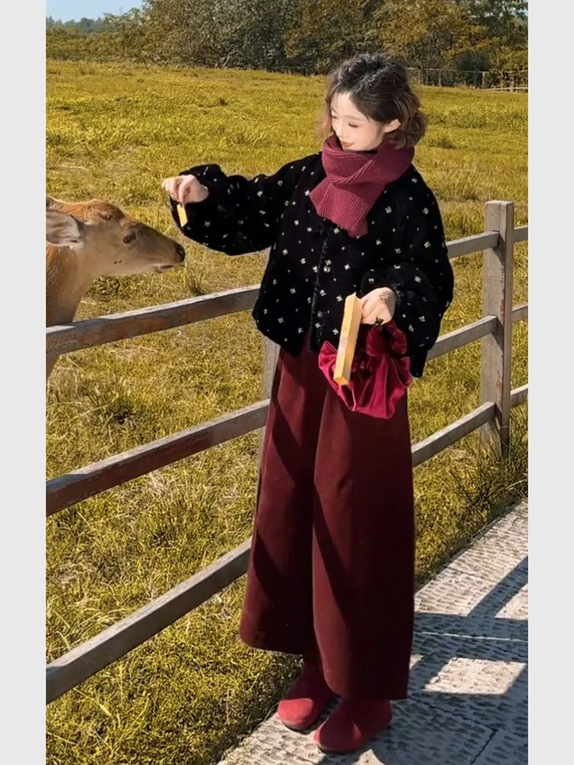 秋冬装搭配一整套高级感黑色钉珠丝绒厚外套宽松阔腿裤小个子套装