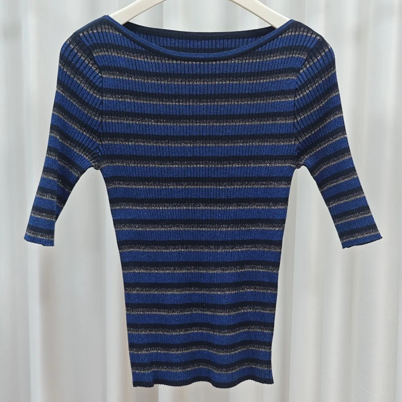 曼系列  S585  女装时尚休闲套头条纹针织上衣深蓝色