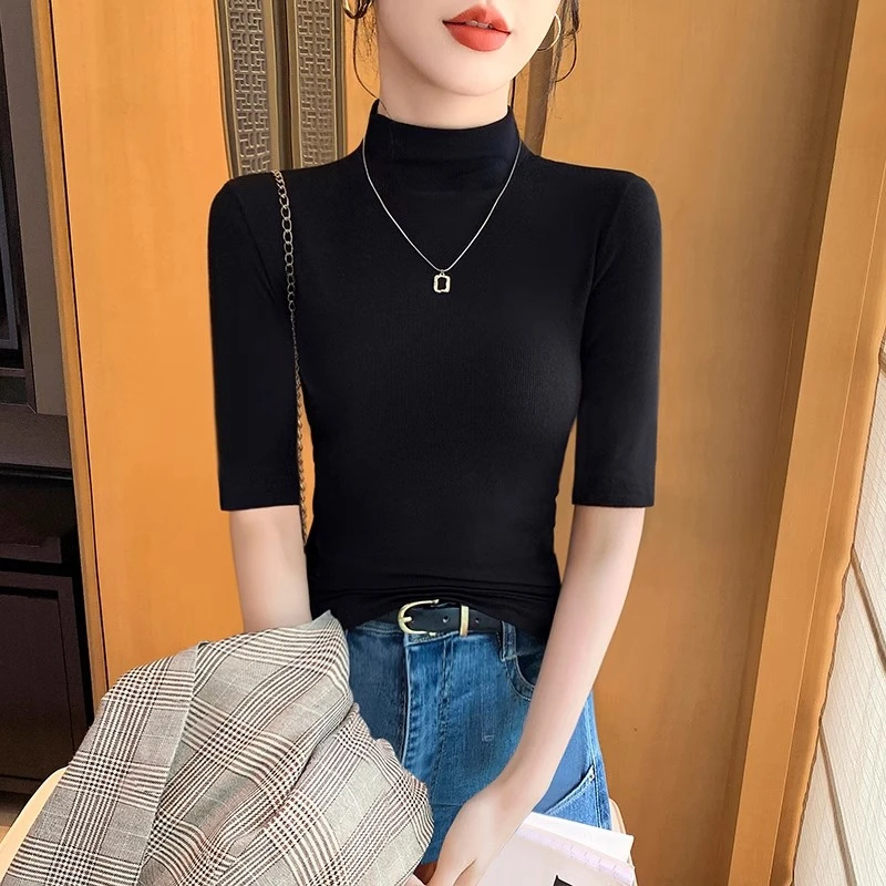 半高领中袖恤女春秋2025新款内搭五分袖黑色百搭打底上衣洋气显瘦