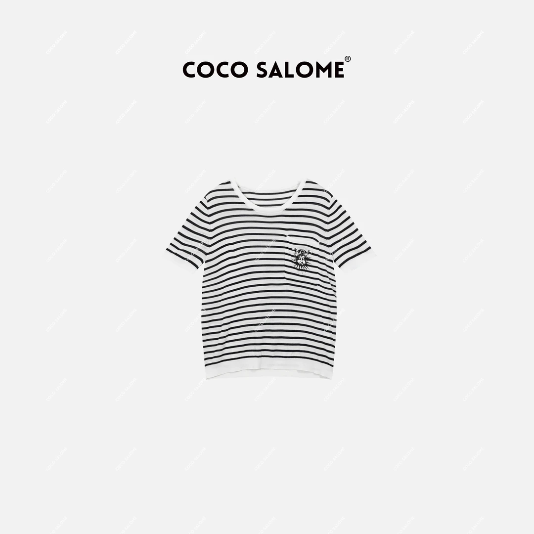 COCO SALOME⑩【太阳条纹】2025绵羊毛料针织条纹设计轻奢T恤506N