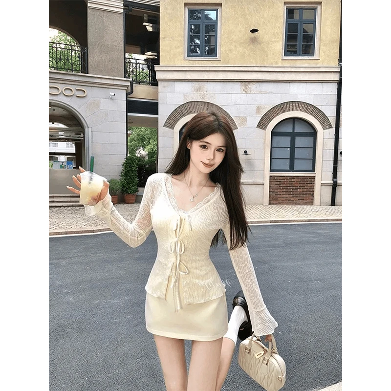 纯欲甜辣妹小众百搭修身绑带v领蕾丝拼接长袖上衣女a字半身裙秋季