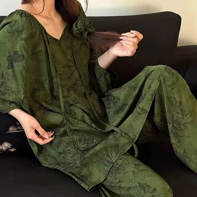 女宽松睡衣大码家居服套装春秋皮筋薄款长袖绿色网红防静电