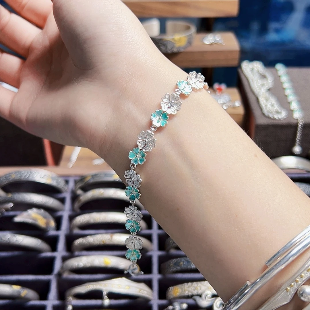 非金属925银无原色花珐琅花朵款手链。