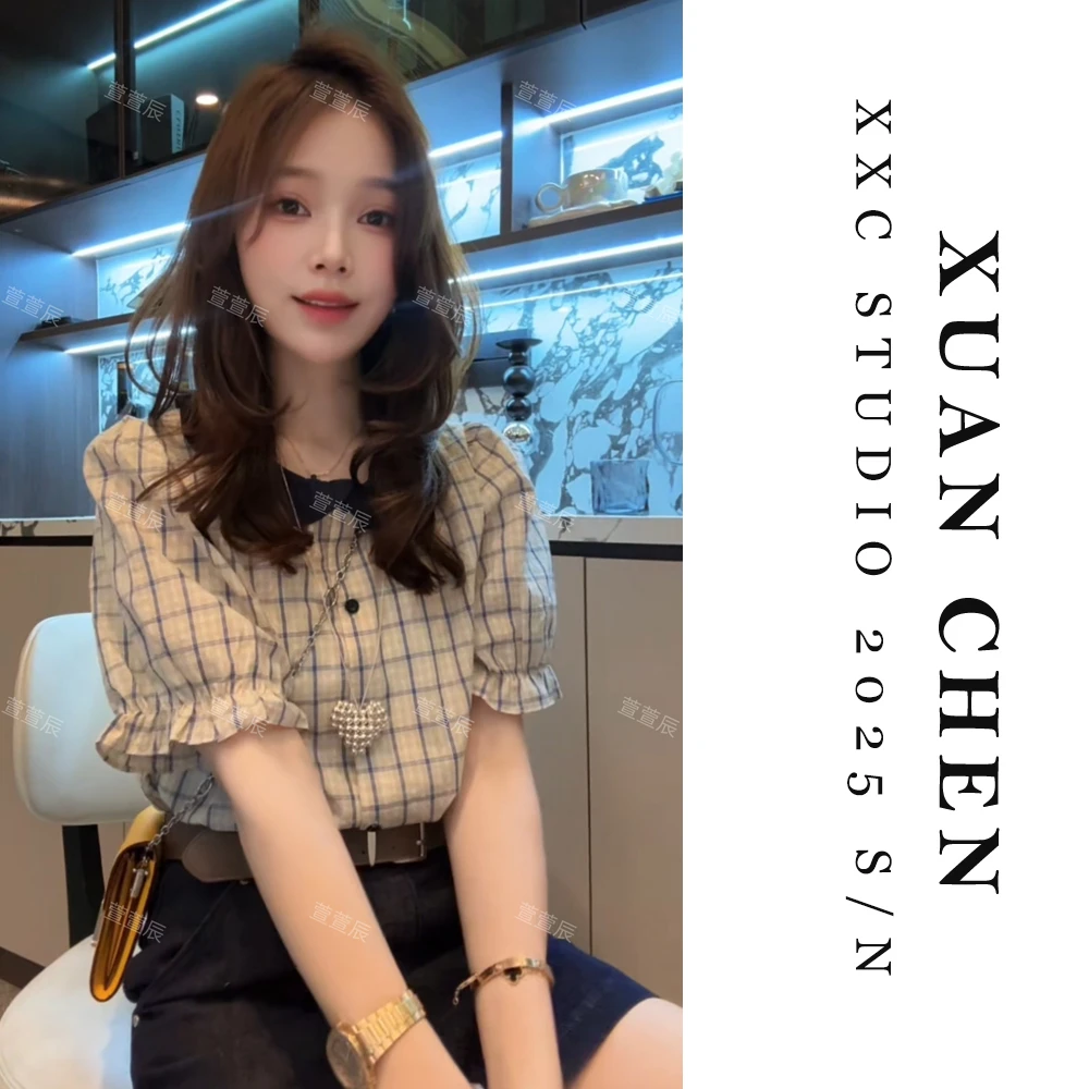 【晚风寄语】夏季休闲衣服女慵懒风娃娃领衬衣百搭宽松格子衬衫8392