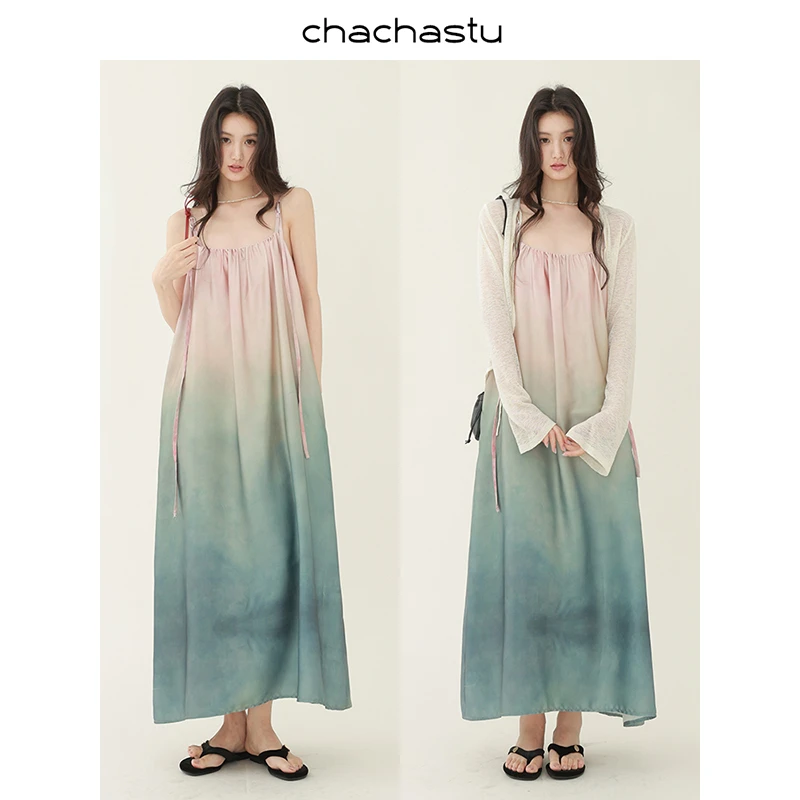 CHACHASTU艺术感氛围渐变晕染 调节飘带宽松吊带裙ZRS1073