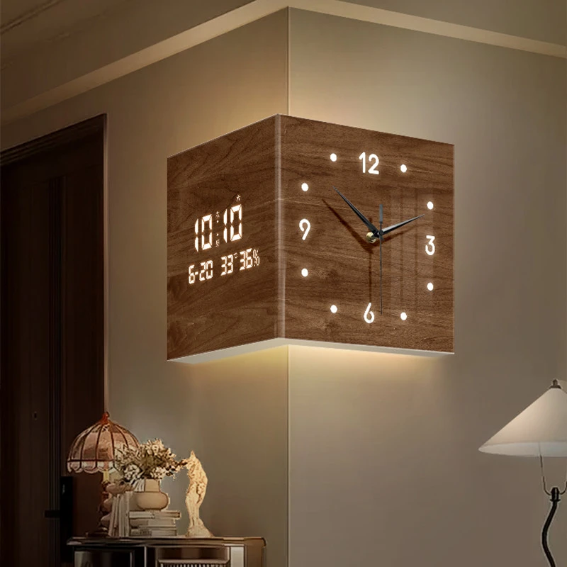 中古风客厅转角时钟万年历新款电子钟双面挂钟拐角壁灯钟表