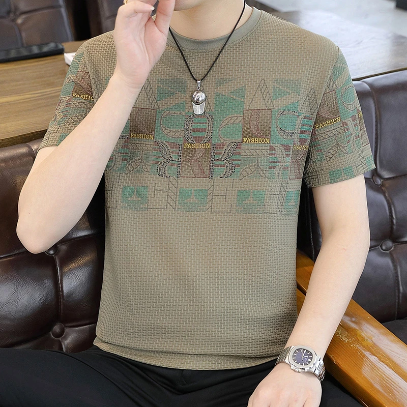 夏季新款男士冰丝短袖T恤时尚潮流薄款百搭半袖圆领印花凉爽上衣