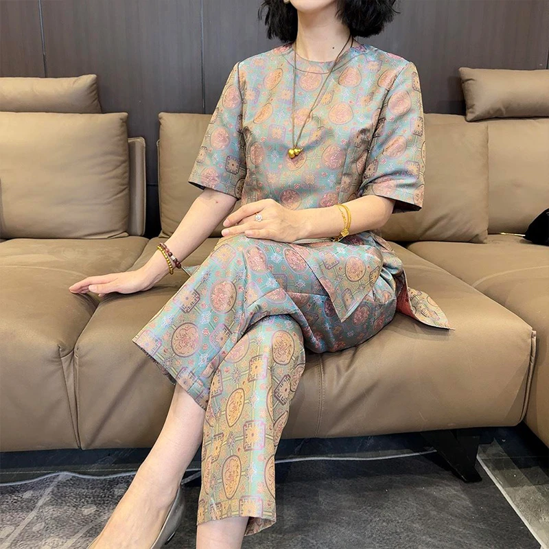 新中式时尚套装女2025年夏季新款洋气不规则圆领短袖直筒裤两件套