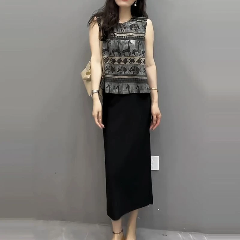 新款印花上衣无袖高腰开衩简约修身半身裙