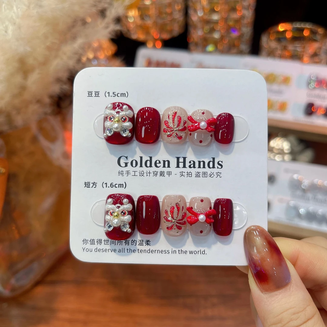 【万事大吉】纯手工穿戴甲 新年战甲红色立体醒狮蝴蝶结显白美甲