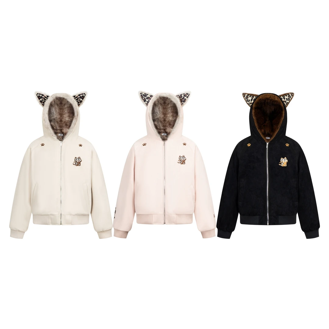 重磅拼接豹纹猫咪耳朵连帽座山雕棉服