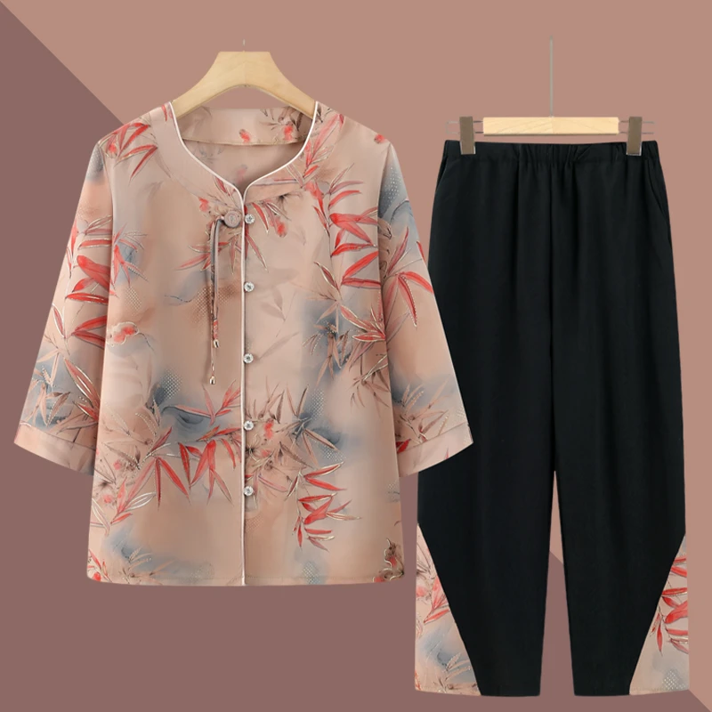 老年人夏装女套装奶奶七分袖衬衫宽松老太太中式上衣服奶奶装夏季