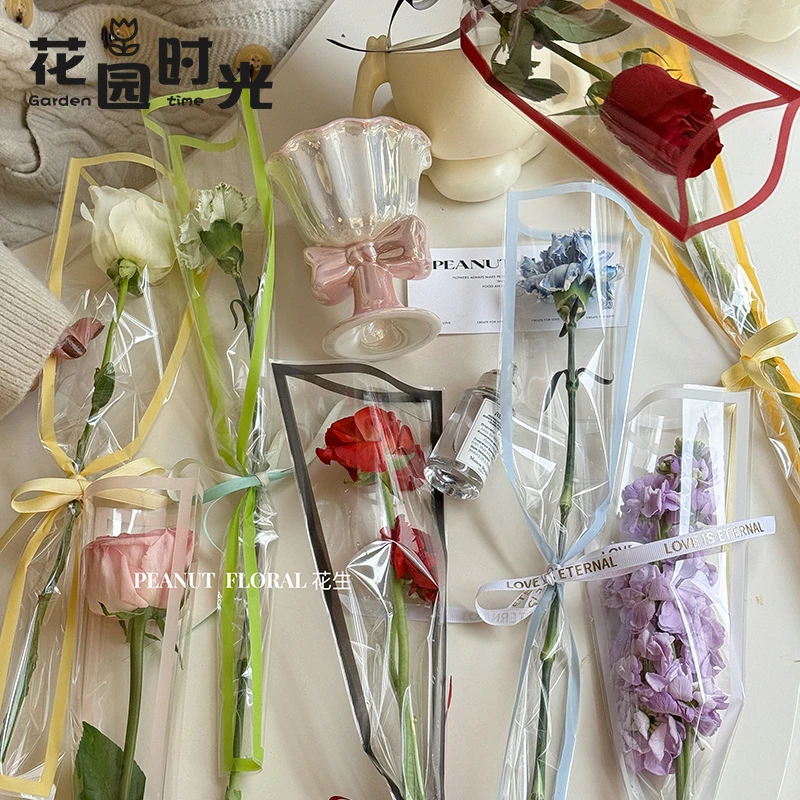 【花园时光】女神节新品 彩色边框单支袋 鲜花透明包装袋包装材料