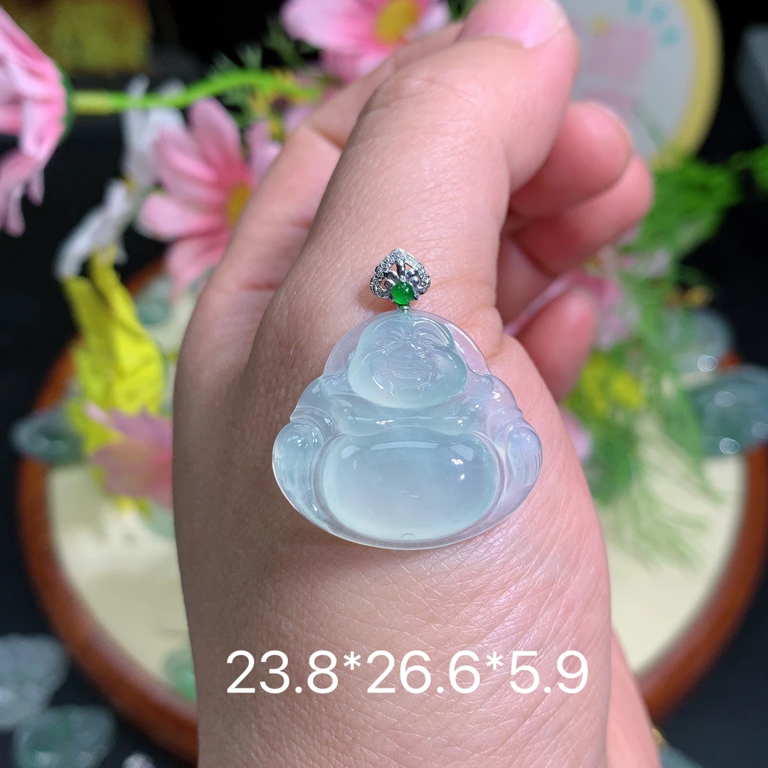 缅甸翡翠A货冰种晴水绿佛公M吊坠挂件水润百搭满绿玉冰透妈妈绿色