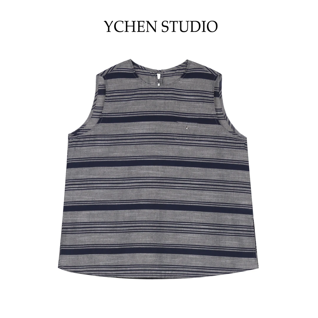 YCS【灰影】高阶质感夏季条纹圆领无袖背心宽松衬衫WG093