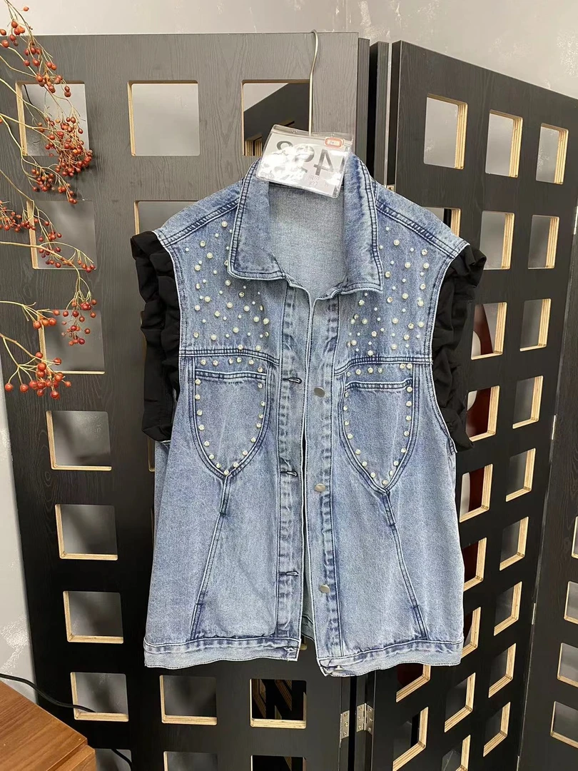 大米臻选-2025年新款百搭大版原创设计珠珠牛仔马甲-498