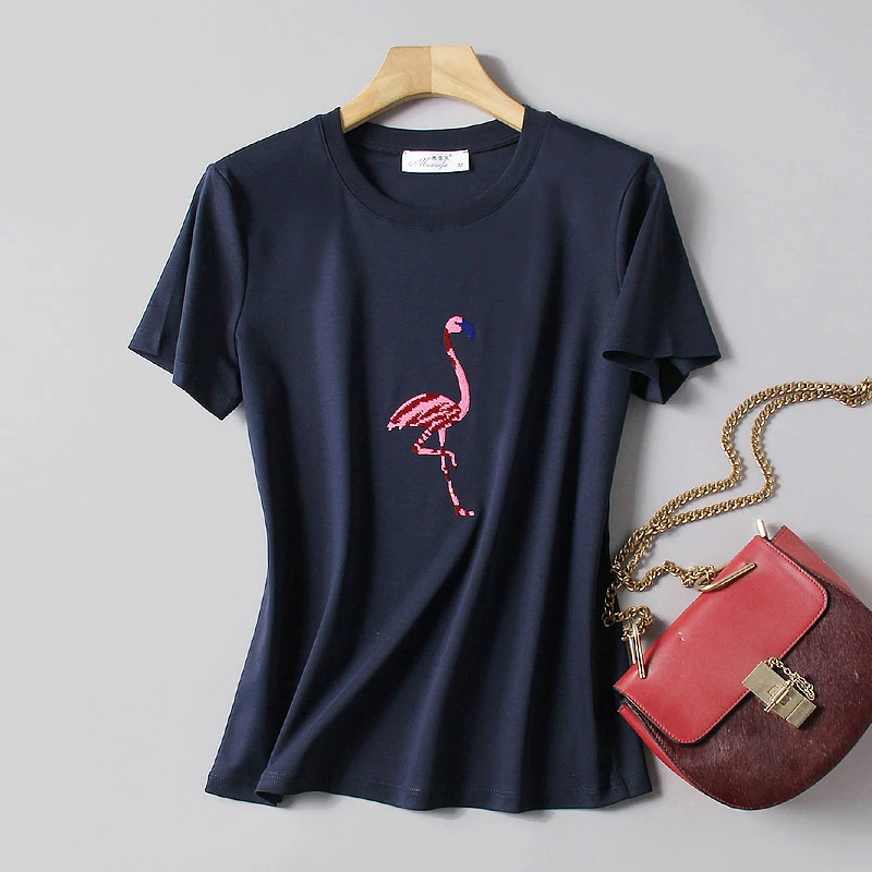 双面液氨棉短袖t恤2025春夏大码女装亮片显瘦半袖小衫纯棉体恤衫