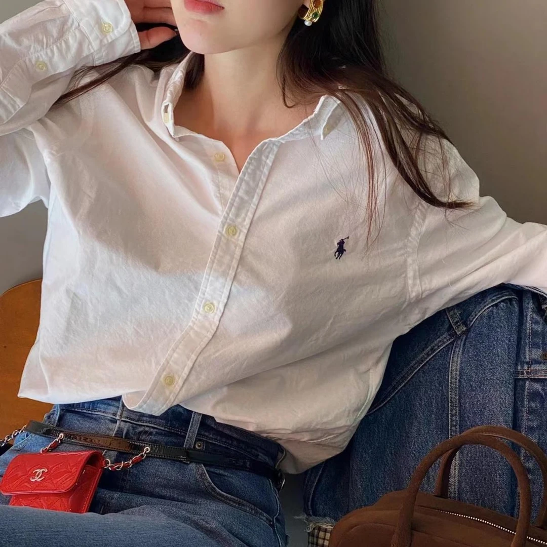 小众战马刺绣纯棉白色衬衫百搭休闲基础款时尚女装长袖上衣宽松瘦