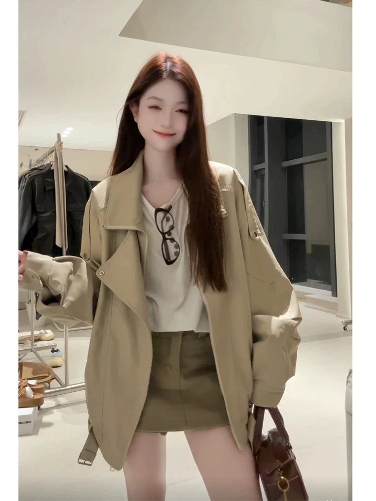 美式复古高级感工装外套女2025秋季新款小个子休闲翻领夹克机车服