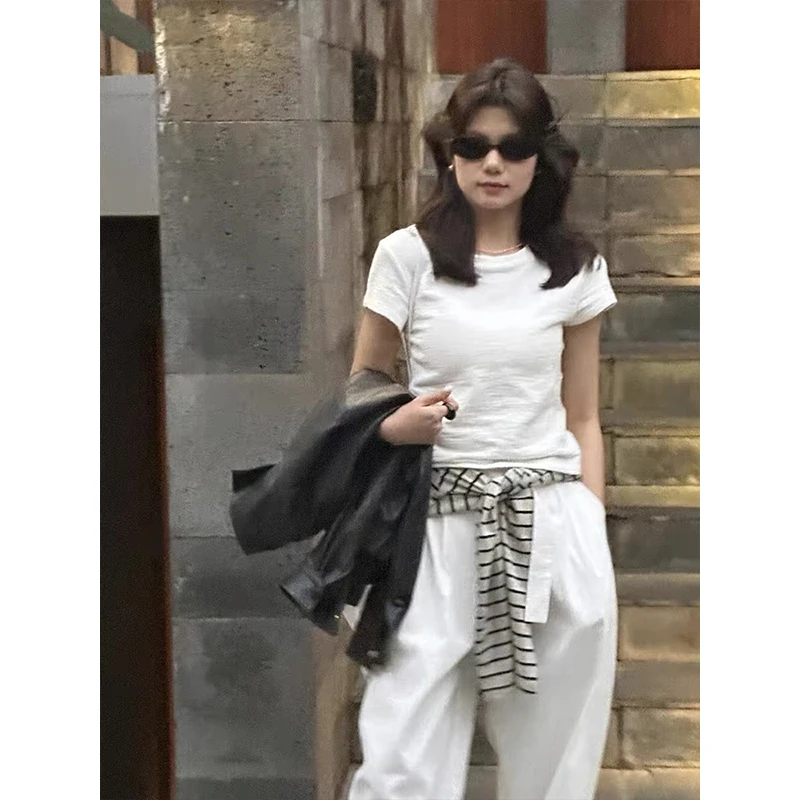 Moses Queen/魔西女王竹节棉正肩显瘦短袖T恤宽松休闲圆领上衣