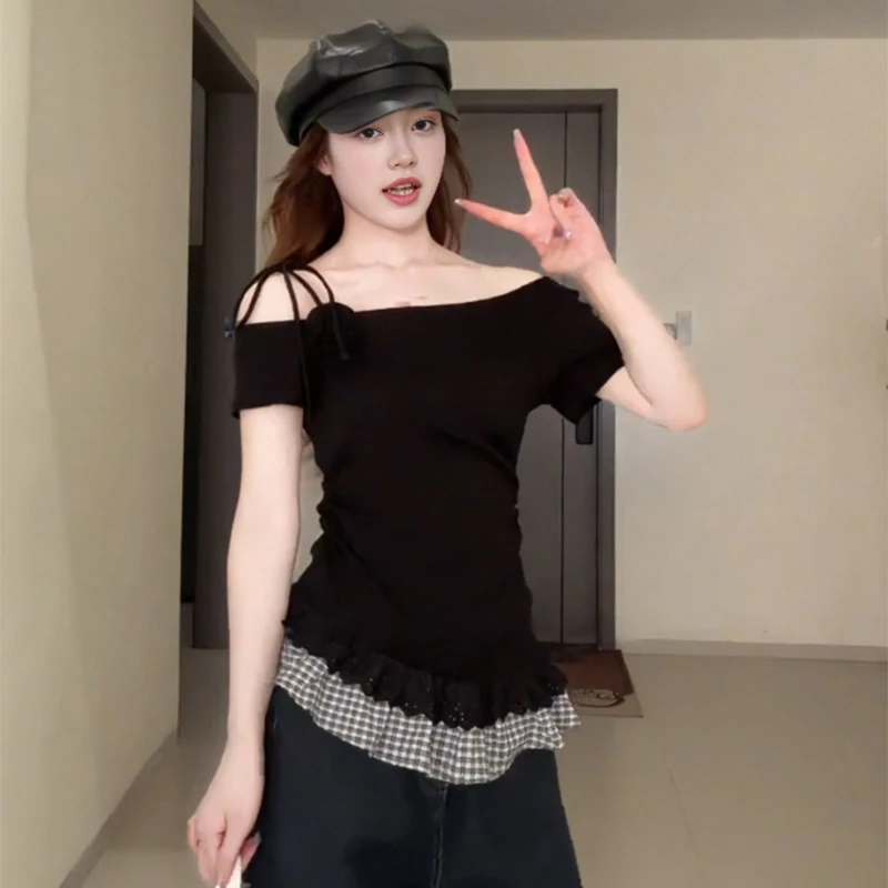 【6646桃】夏季韩系设计感下摆荷叶拼接格子短袖T恤女独特别致上衣
