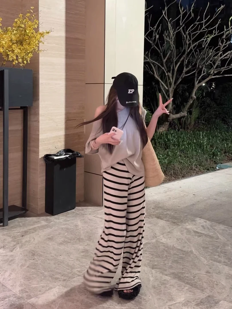 暴走高仙女175高个子慵懒条纹针织微喇裤女春夏亚麻加长遛弯长裤