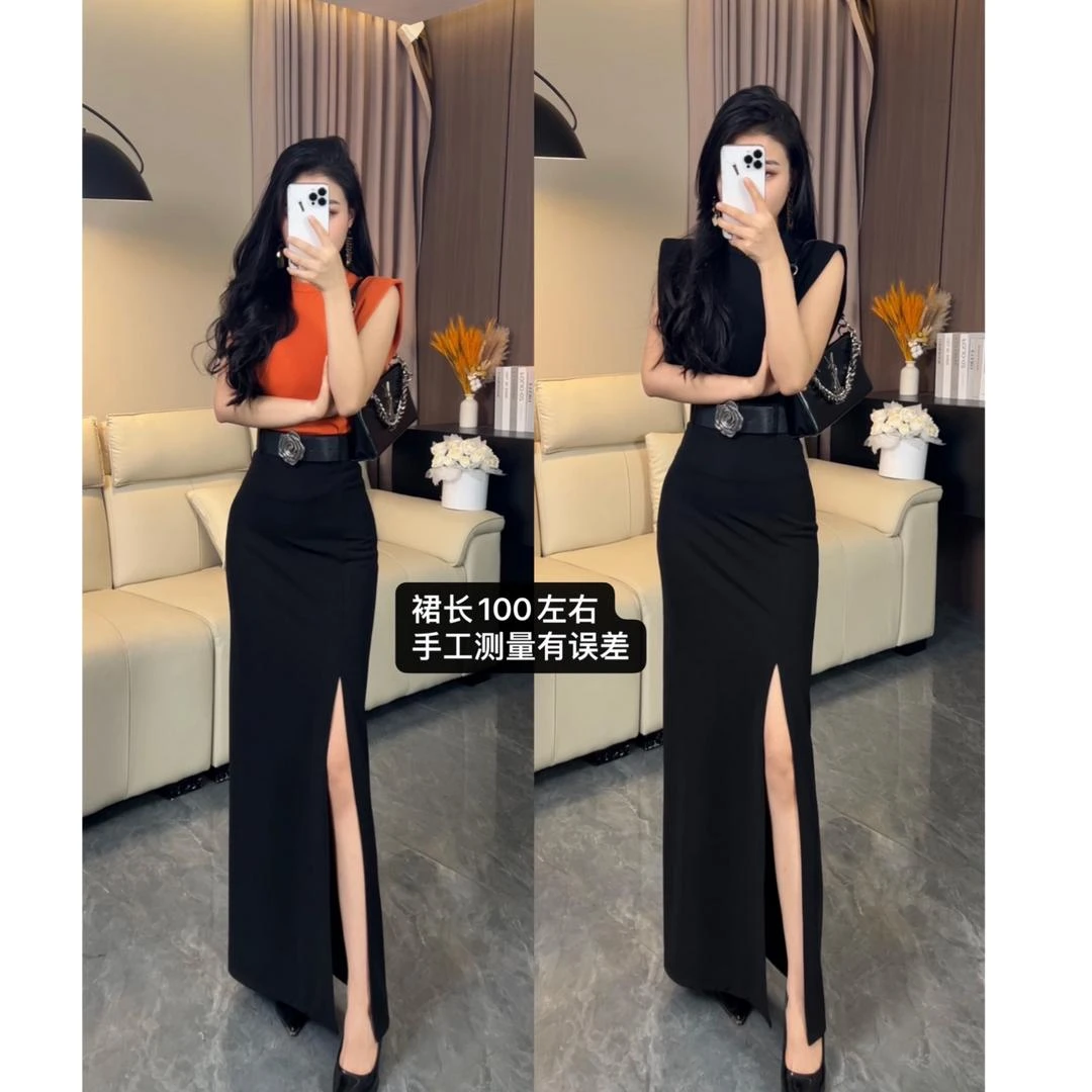 「8928」气质显瘦黑色半身裙新款百搭高腰开叉包臀长裙 时尚夏季