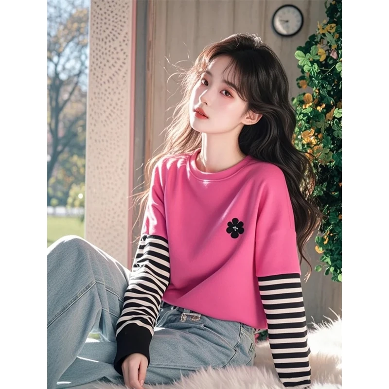 今年流行爆款独特超好看洋气别致设计感粉色条纹拼接长袖T恤女春