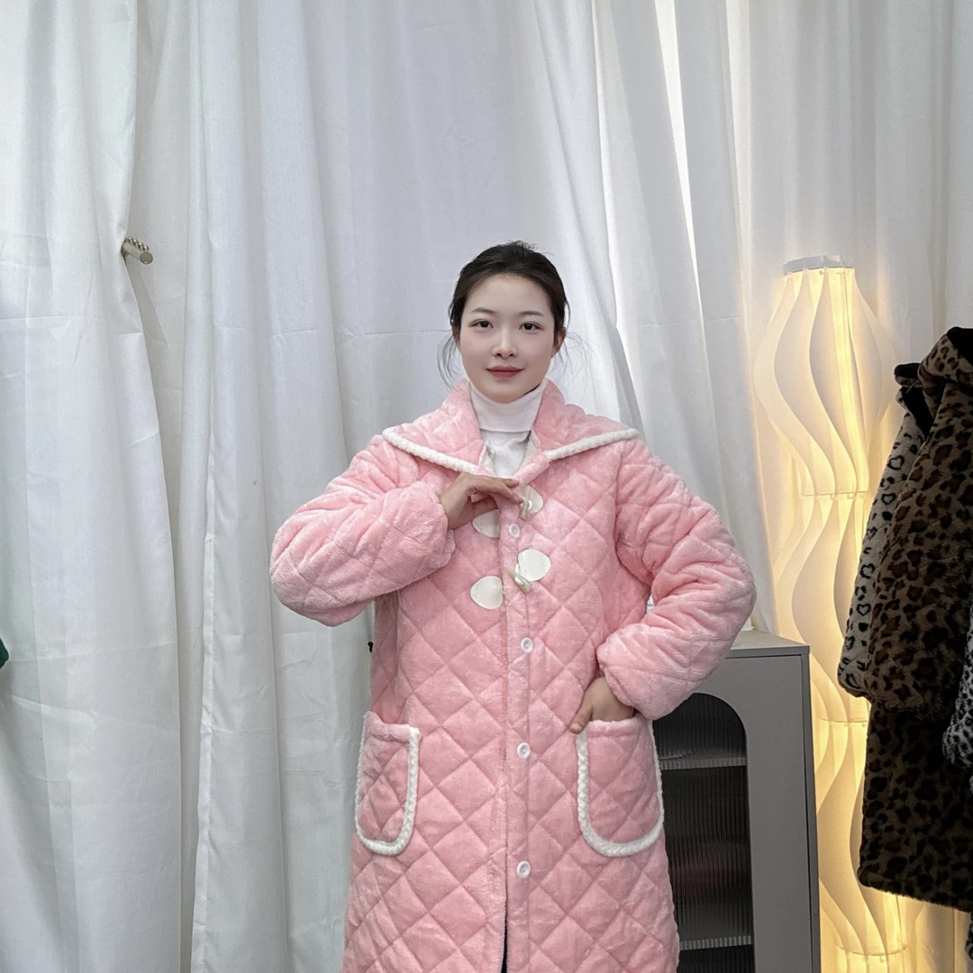 【翻领牛角扣】冬季新款罩衣牛奶绒三层加棉加厚宽松家居服